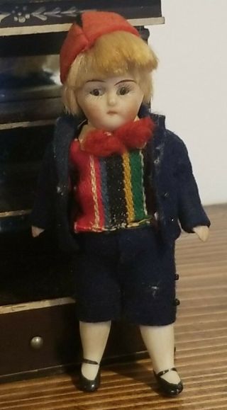 Antique Bisque Dollhouse Doll Glass Eyes Clothes Boy Mignonette