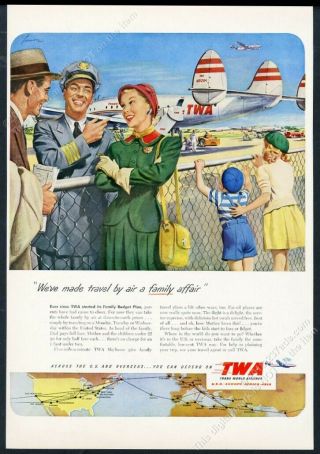 1950 Twa Airlines Pilot Constellation Plane Family Art Vintage Print Ad