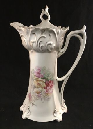 Antique Rs Prussia Porcelain Chocolate Pot Rose Decoration Satin Finish