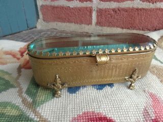 Antique French Victorian Fleur De Lis Embos Glass Top Jewelry Casket Oblong Box