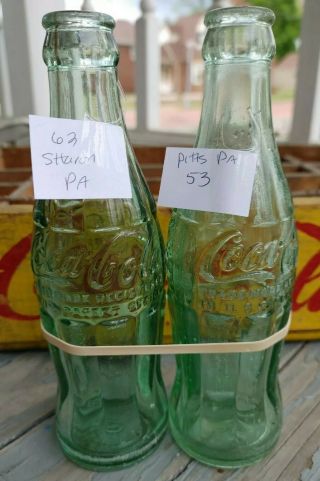 Vtg Set 2 Coca Cola Coke 6.  5 Oz Green Glass Bottles 53 Pitts Pa 62 Sharon Pa