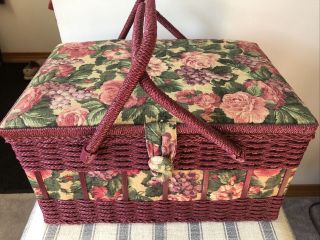 Vintage Rose Pink Wicker Sewing Basket Tapestry Plastic Organizer Shelf 15.  5”x10