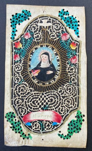 Antique 18th Century Holy Card Real Canivet St Walbauga Parchment