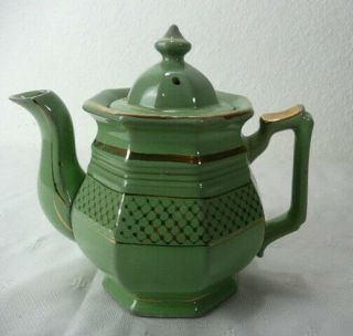 Vintage Tea Pot Labeled Fred Roberts Co Green And Gold Trim Made In Japan 7 "