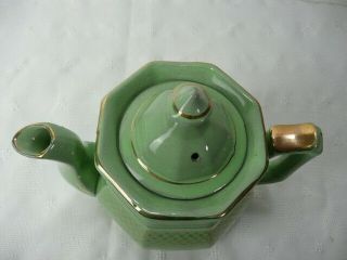 Vintage Tea Pot Labeled Fred Roberts Co Green and Gold Trim Made in Japan 7 