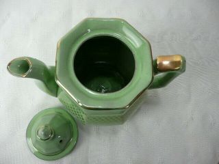 Vintage Tea Pot Labeled Fred Roberts Co Green and Gold Trim Made in Japan 7 