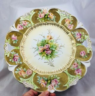 Antique Rs Prussia Porcelain Lily Mold Handled Cake Plate Pink Roses Raised Gold