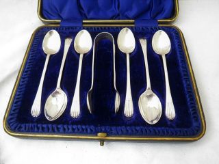 Set Of Six Sterling Silver Tea Spoons And Sugar Tongs 1899 Fattorini - Cased