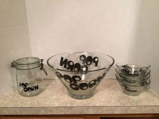 Vintage Retro Glass Popcorn Set,  Lg Bowl/4 Sm Bowls/canister, .