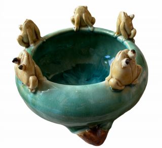 Vtg Ceramic Bamboo Footed Bowl Planter 5 Frogs On Rim Lily Pad Majolica Style