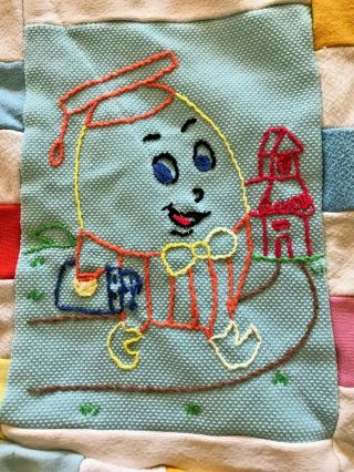 Vtg Handmade Baby Quilt Blanket Humpty Dumpty Embroider Nursery Rhymes 44x34 "