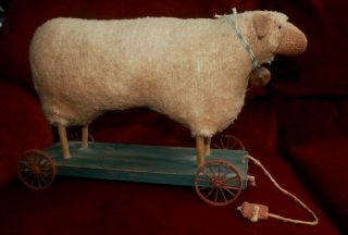 Antique Primitive Stuffed Sheep On Wheels Pull Toy