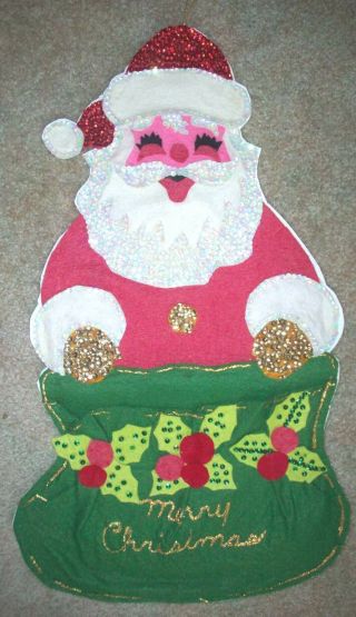 Vintage Handmade Santa Christmas Card Holder Felt Sequins Glitter