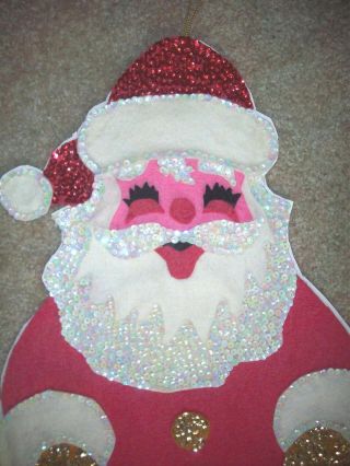 Vintage Handmade Santa Christmas card holder felt sequins glitter 2