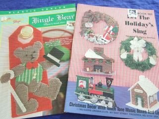 2 Vintage Christmas Plastic Canvas Pattern Books 8 Designs/bear/train/angels