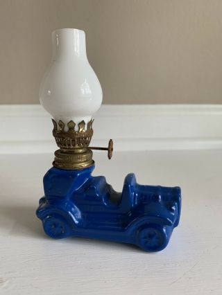 Vintage Miniature Ceramic Blue Car Oil Lamp W/ Milk Glass Shade 4.  5”