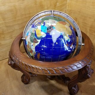 Blue Lapis Globe With Precious Stone Inlay In Wooden Stand With Compass