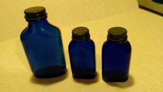 Set Of 3 Vintage Phillips Milk Of Magnesia Tablets Cobalt Blue Glass Bottle Lids