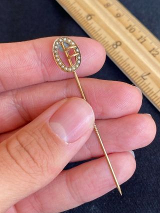 Antique Victorian 10k Gold Seed Pearl Belt Buckle Nouveau Figural Stick Pin 2.  5”