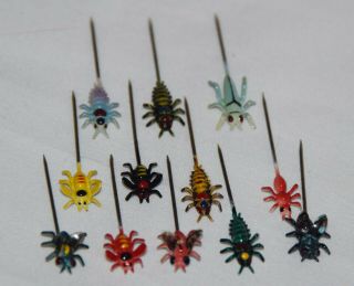 12 Vintage Small Insect Grasshopper Fly Spider Stick Pins