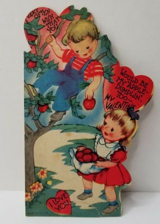 Cute Vintage Valentines Card Die Cut Children Picking Apples Stand Up Usa