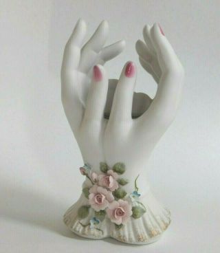 Vintage 1940s Lefton China Ladies Hand Vase 1791 Pink Roses Blue Forget Me Nots