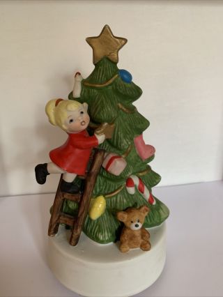 Vintage Ceramic Rotating Music Box Little Girl Decorating Christmas Tree Japan