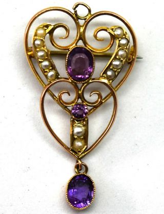Antique Victorian 10k Solid Gold,  Amethyst And Pearl Pin/brooch