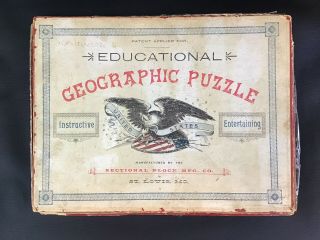 Antique United States Map Wooden Jigsaw Puzzle,  St.  Louis Mo 1890s Federal Eagle