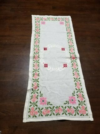 Vintage Dress Cover/table Runner Linen Hand Embroidered 32” X 13”