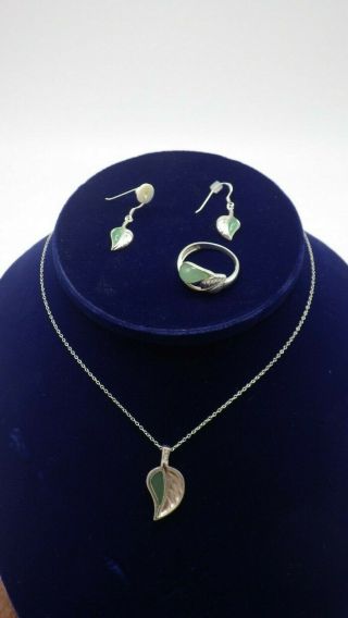 Vintage 925 Sterling Silver Necklace French Hook Earrings & Ring Signed Green