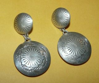 Vintage Native Navajo " Fred Harvey Era " Sterling Silver Ornate Dangle Earrings