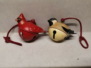 2x Vintage Bird Red Cardinal Christmas Ornament Metal Bell Holiday Tree Hanging
