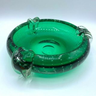 Vintage Art Glass Emerald Green Bullicante Bubble Round Ashtray Dish Bowl
