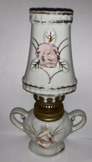 Vintage Relco Ceramic Porcelain Miniature Oil Lamps W/ Raised Pink Flowers Gold