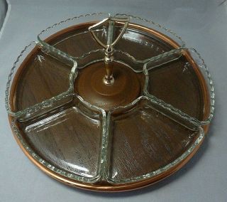 Vintage Mid Century Coppercraft Lazy Susan Relish Tray W/6 Removable Glass Trays