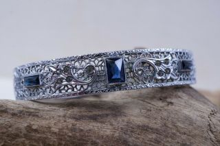 Signed J.  H.  Peckham Antique Art Deco Bracelet Filigree & Blue Rhinestone Bracelet