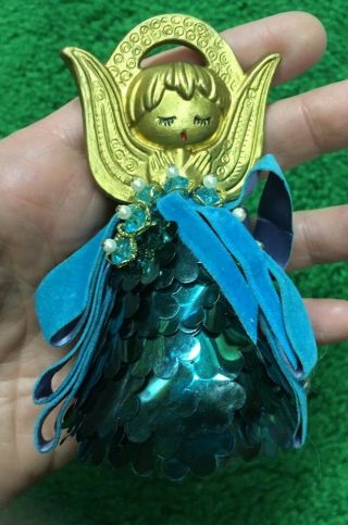 Vtg Mid Century Mcm Sequin Angel Christmas Tree Ornament Handmade Teal Blue Euc
