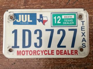 Texas Dealer Motorcycle License Plate 1d3727 Hard To Find