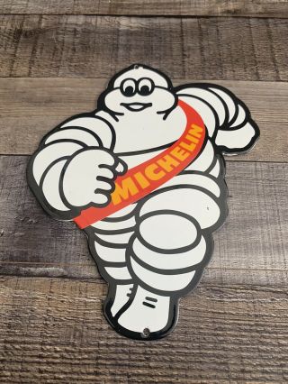 Vintage Michelin Tire Porcelain Sign Gas Oil Red Man Die Cut Auto Motor Plate Ad