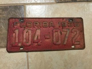 Vintage Florida Tag License Plate 104 - 072 1936