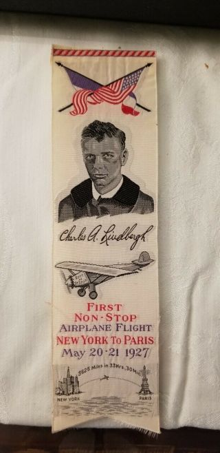 Charles Lindbergh Woven Ribbon - First Flight Ny To Paris 1927 Warner Label Co.