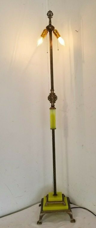 Antique Art Deco Era Floor Lamp Green/yellow Vaseline Glass,  Cast Iron,  Brass