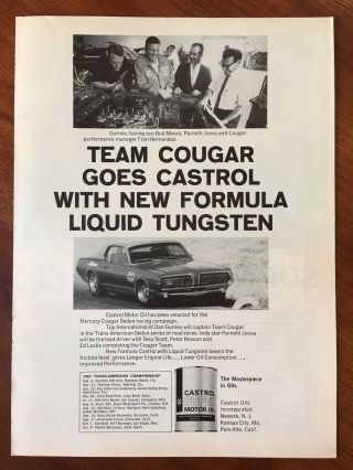 Vintage 1967 Print Ad Team Cougar Castrol Motor Oil Parnelli Jones