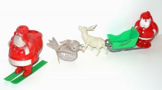 Vtg Christmas Hard Plastic Santa Candy Containers Glitter Bird Ornament Reindeer