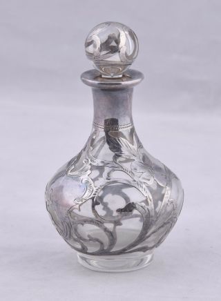 Vintage Alvin Glass & 999 Fine Silver Overlay Perfume Bottle 4.  5 " Art Nouveau
