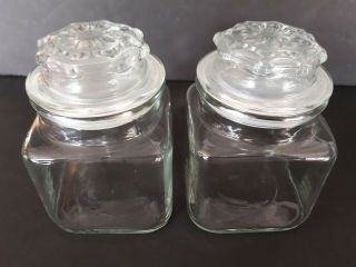 2 Vtg Square Glass Jar Canister Starburst Lid Plastic Stopper Seals Apothecary