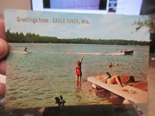 Vintage Old Postcard Wisconsin Greetings From Eagle River Sayner Girls On Dock