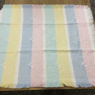 Vtg Baby Blanket Pastel Plaid Pink Blue Green Cotton Fringe Mt Vernon Mills