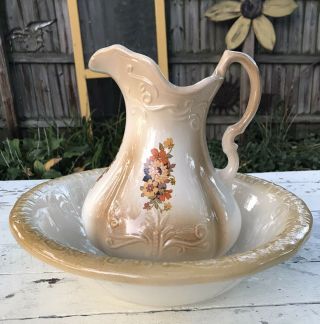 Antique R S Prussia Pitcher And Wash Bowl Basin Brown Gold Yellow Roses
